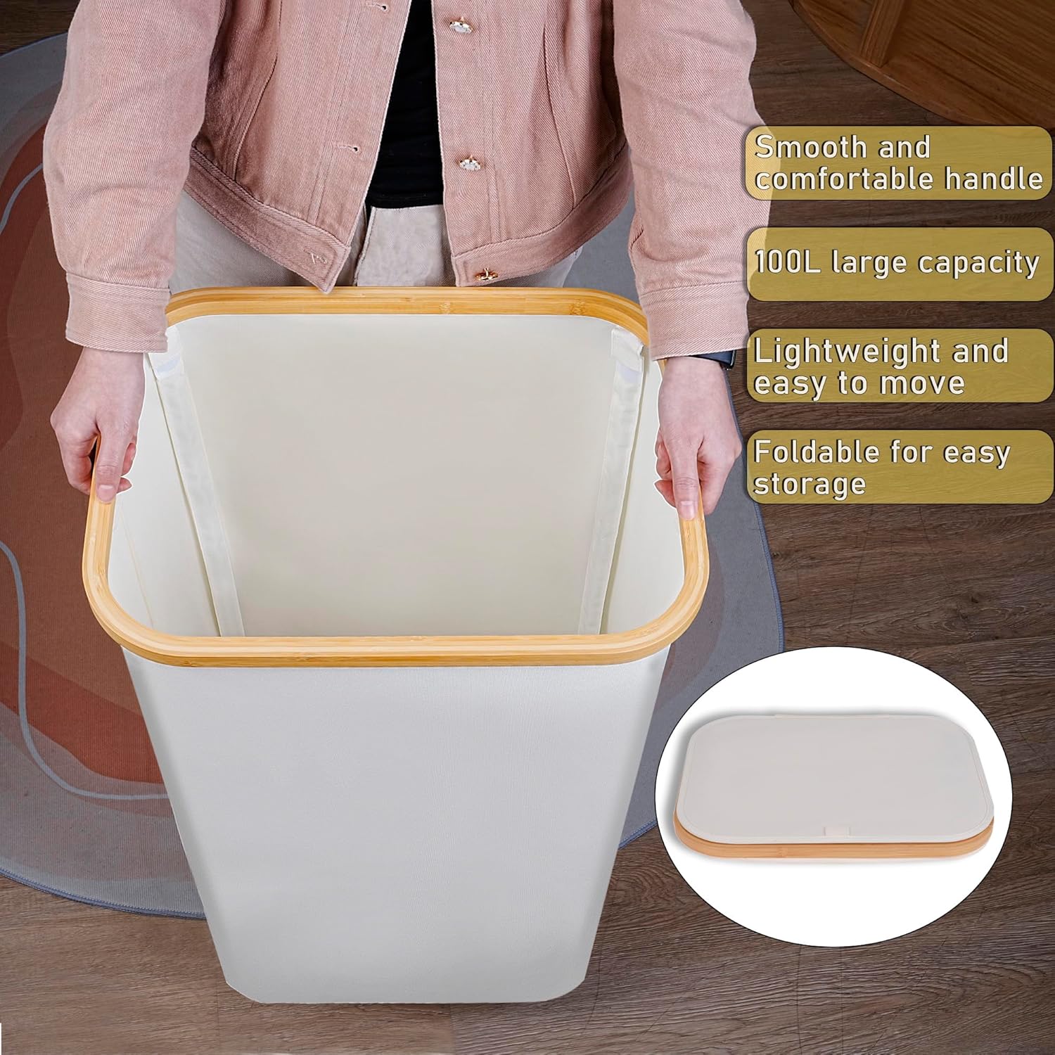 Grand panier à linge en bambou de 100 L avec couvercle
