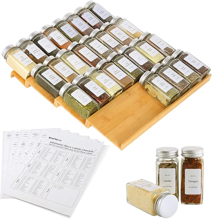 PACK DE 24 POTS D'ÉPICES AVEC ENSEMBLE DE RANGEMENT POUR TIRROIR EN BAMBOU