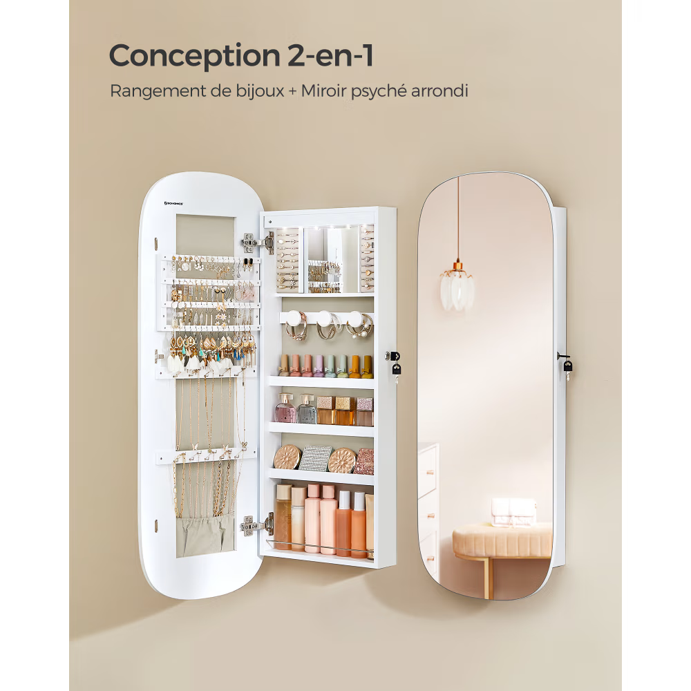 Armoire à bijoux murale avec miroir et effet bois blanc