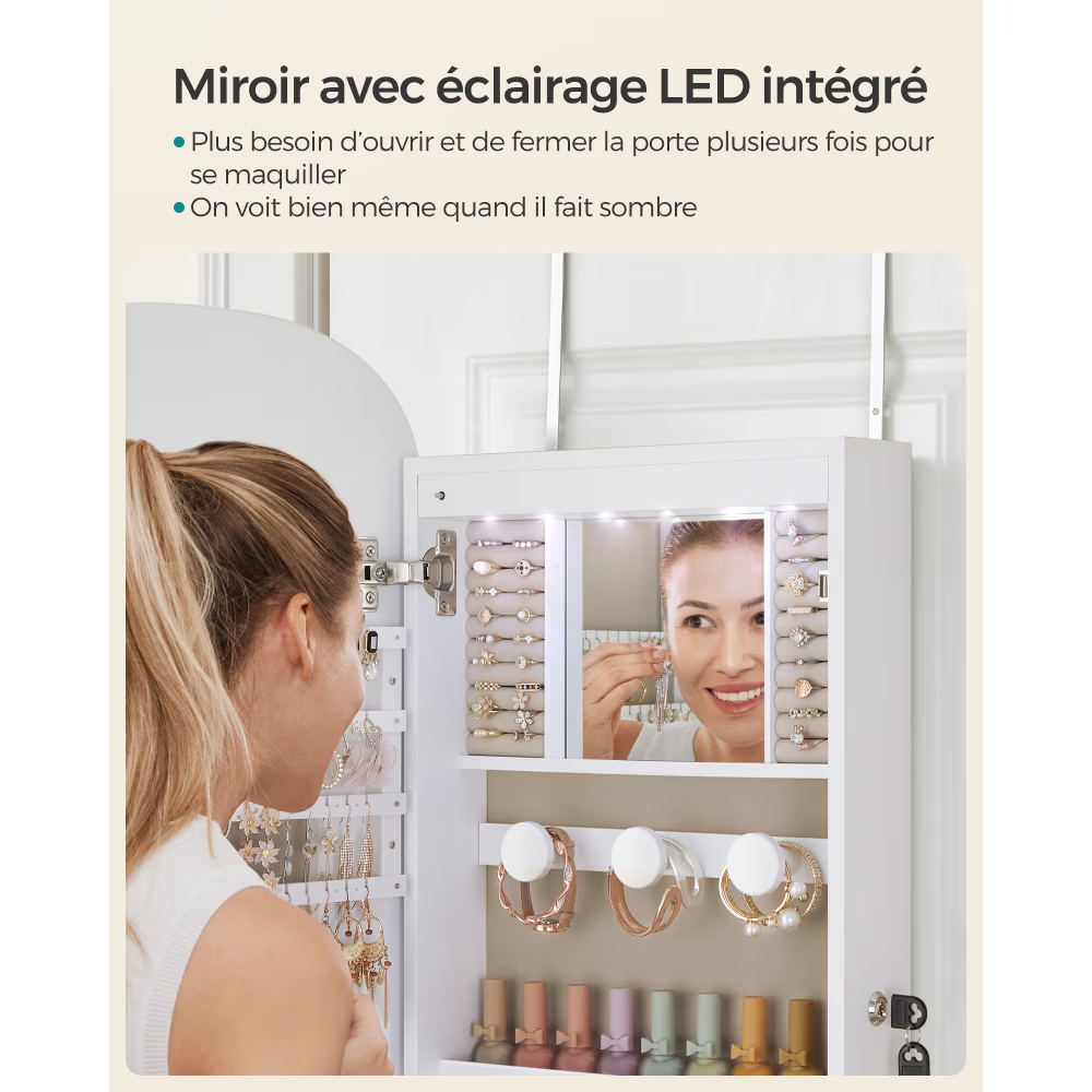 Armoire à bijoux murale avec miroir et effet bois blanc